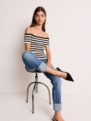 White and Black Stripe Short Sleeve Ribbed Knitted Bardot Top - Image 2 of 6