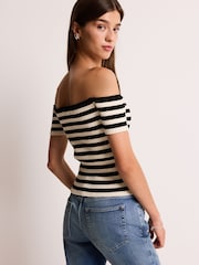 White and Black Stripe Short Sleeve Ribbed Knitted Bardot Top - Image 3 of 6