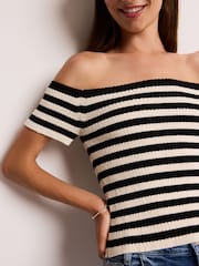 White and Black Stripe Short Sleeve Ribbed Knitted Bardot Top - Image 4 of 6