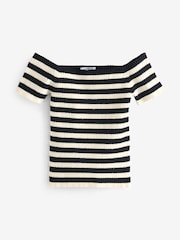 White and Black Stripe Short Sleeve Ribbed Knitted Bardot Top - Image 5 of 6