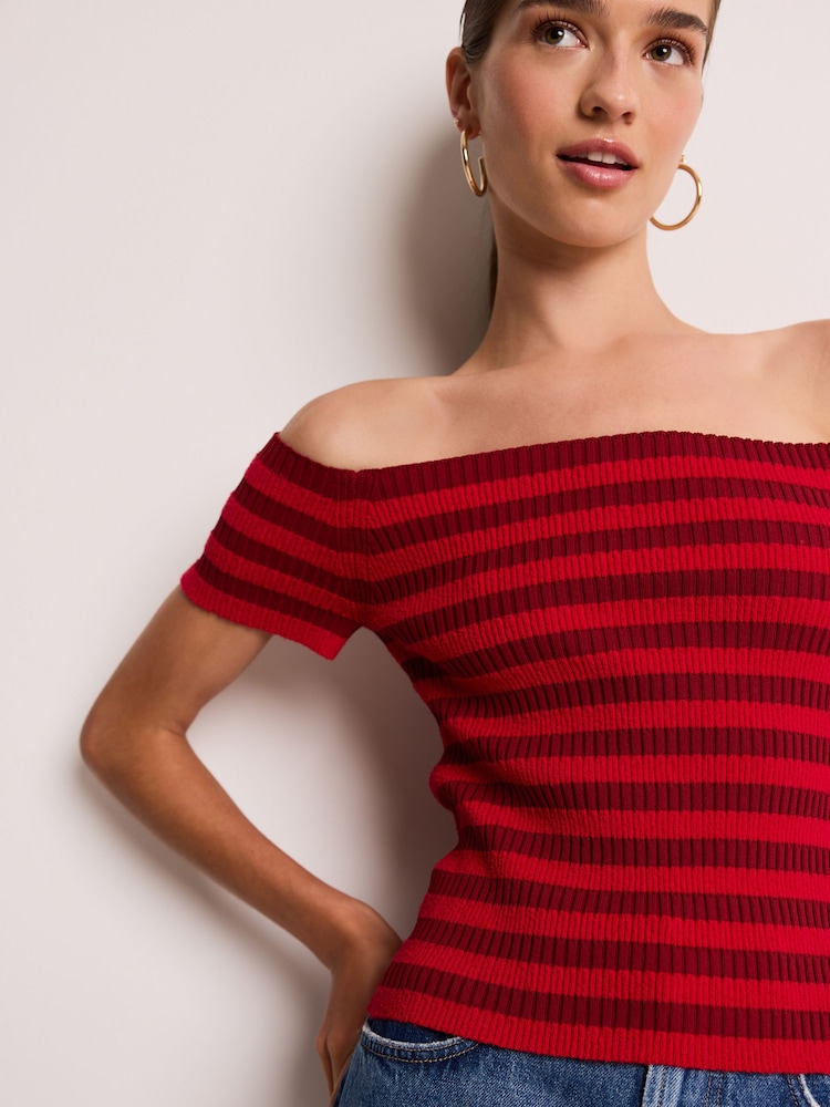 Red Stripe Short Sleeve Ribbed Knitted Bardot Top - Image 1 of 6