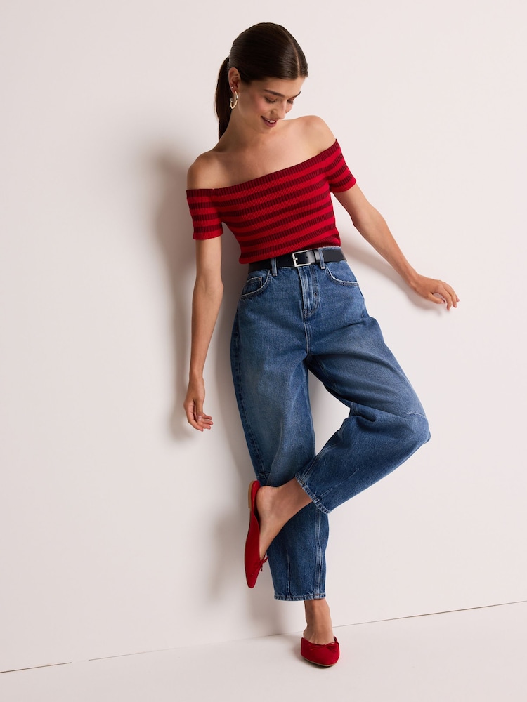 Red Stripe Short Sleeve Ribbed Knitted Bardot Top - Image 2 of 6