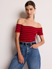 Red Stripe Short Sleeve Ribbed Knitted Bardot Top - Image 3 of 6