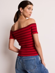 Red Stripe Short Sleeve Ribbed Knitted Bardot Top - Image 4 of 6