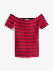 Red Stripe Short Sleeve Ribbed Knitted Bardot Top - Image 5 of 6