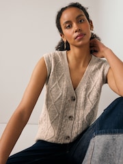 Ecru Cream Sleeveless Button Through Cable Knitted Waistcoat - Image 1 of 8
