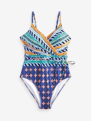 Blue Geo Print Belted Wrap Plunge Tummy Shaping Control Swimsuit - Image 6 of 8