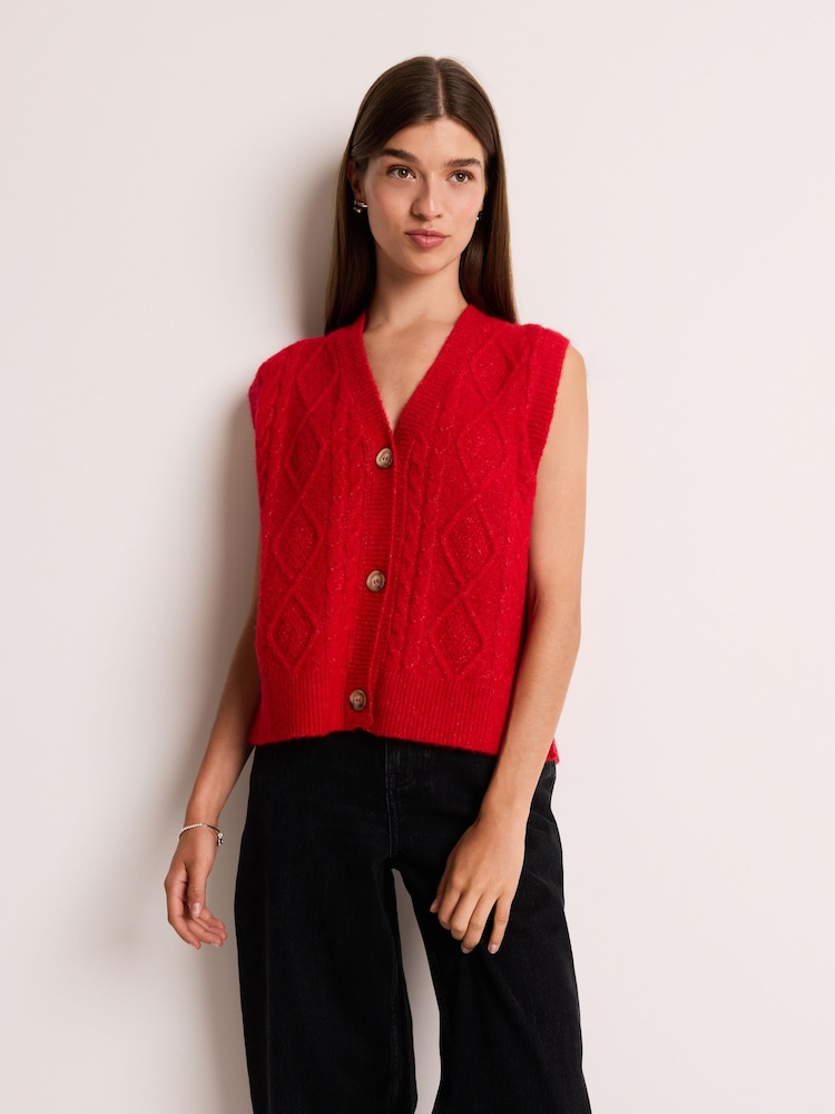 Red Sleeveless Button Through Cable Knitted Waistcoat - Image 1 of 7