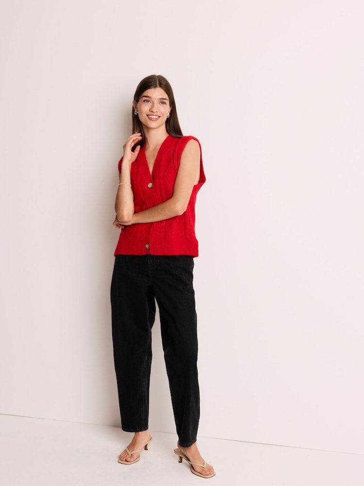 Red Sleeveless Button Through Cable Knitted Waistcoat - Image 2 of 7