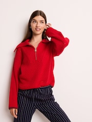 Red Open Stitch Mesh Zip Neck Collar Jumper - Image 1 of 6