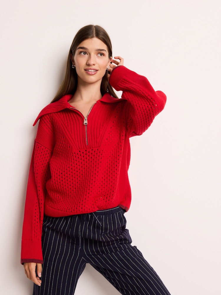 Red Open Stitch Mesh Zip Neck Collar Jumper - Image 1 of 6