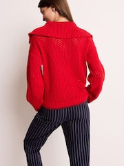 Red Open Stitch Mesh Zip Neck Collar Jumper - Image 2 of 6