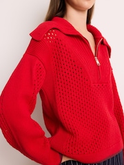 Red Open Stitch Mesh Zip Neck Collar Jumper - Image 3 of 6
