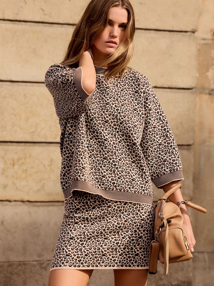 Brown Co-ord Leopard Animal Print Knitted Crew Neck T-Shirt - Image 2 of 6