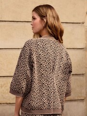Brown Co-ord Leopard Animal Print Knitted Crew Neck T-Shirt - Image 3 of 6