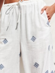 White Embroidered Wide Leg Trousers With Linen - Image 5 of 5