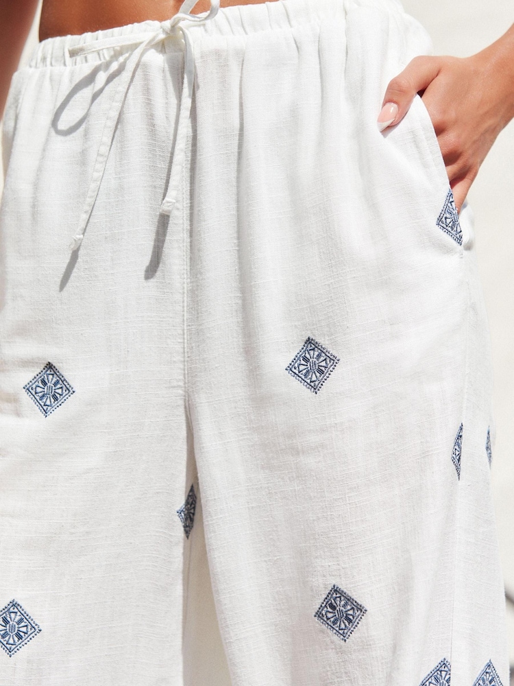 White Embroidered Wide Leg Trousers With Linen - Image 5 of 5 White Embroidered Wide Leg Trousers With Linen - Image 5 of 5