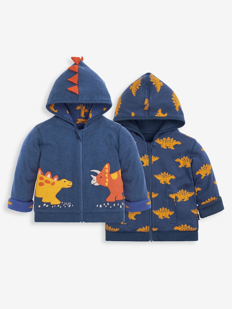 JoJo Maman Bébé Indigo Boys Dinosaur Appliqué Reversible Hoodie - Image 1 of 5