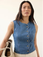Mint Velvet Blue Denim Scallop Detail Waistcoat - Image 1 of 7