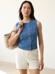 Mint Velvet Blue Denim Scallop Detail Waistcoat - Image 3 of 7