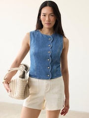 Mint Velvet Blue Denim Scallop Detail Waistcoat - Image 4 of 7