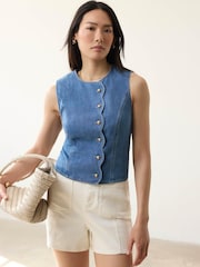Mint Velvet Blue Denim Scallop Detail Waistcoat - Image 5 of 7