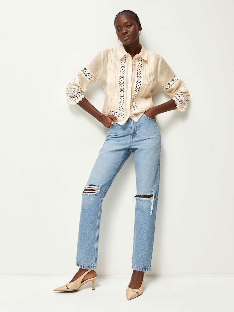 Mittelblau/Zierrisse - Mom-Jeans, 100 % Baumwolle - Bild 1 von 7 Mittelblau/Zierrisse - Mom-Jeans, 100 % Baumwolle - Bild 1 von 7