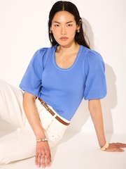 Mint Velvet Blue Cotton Puff Sleeve Top - Image 1 of 6