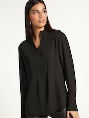 Black Long Sleeve Overhead V-Neck Relaxed Fit Blouse - Image 1 of 6