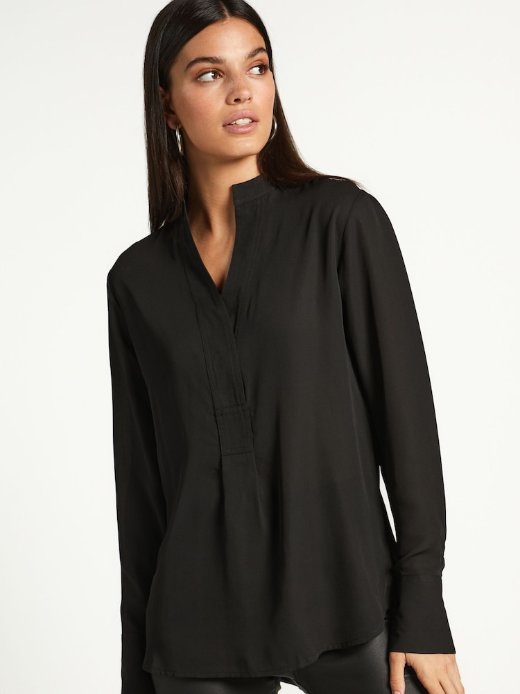 Black Long Sleeve Overhead V-Neck Relaxed Fit Blouse - Image 1 of 6
