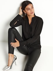 Black Long Sleeve Overhead V-Neck Relaxed Fit Blouse - Image 2 of 6