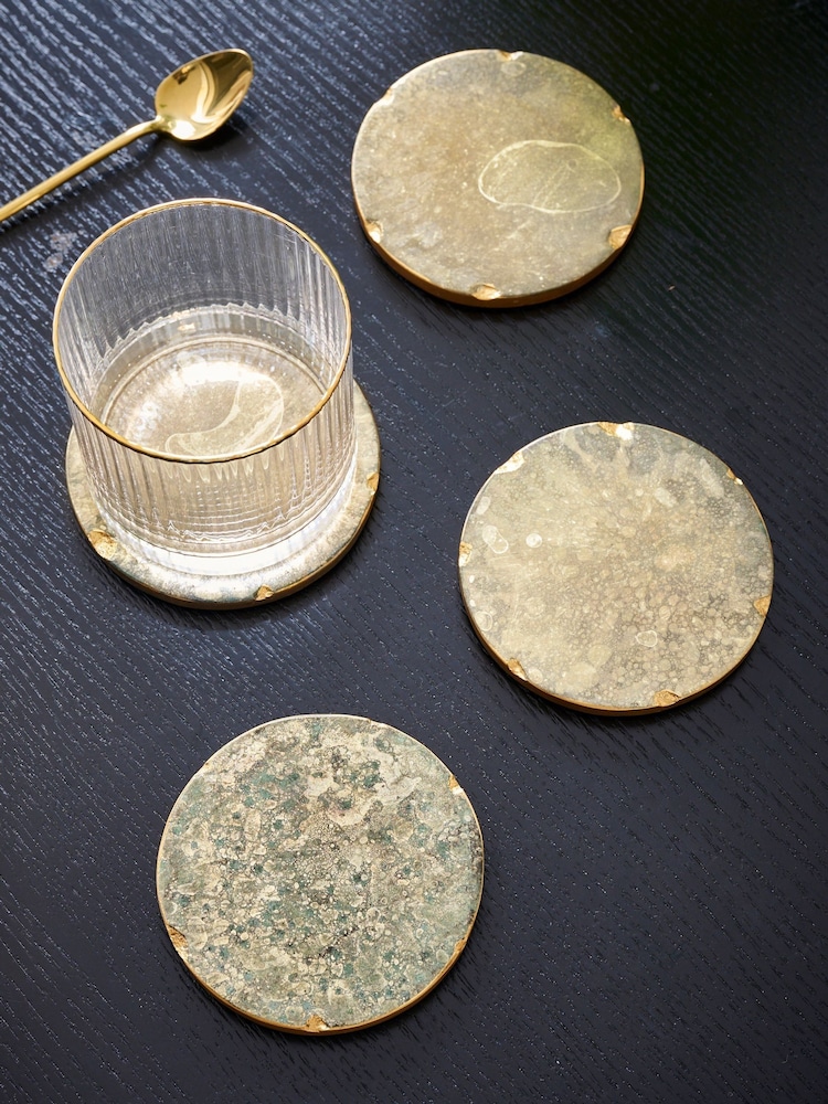 Clarke & Clarke Set of 4 Emerald Green/Gold Aqueous Marble Coasters - Image 1 of 4