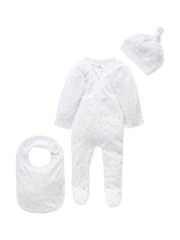 Purebaby Blue Baby 100% Cotton Hat Bib & Sleepsuit Set 3 Piece - Image 1 of 7