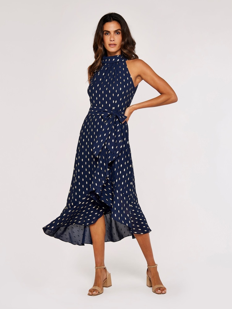 Apricot Navy Blue Gold Foil Halter Neck Midi Dress - Image 1 of 4 Apricot Navy Blue Gold Foil Halter Neck Midi Dress - Image 1 of 4