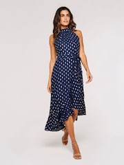 Apricot Navy Blue Gold Foil Halter Neck Midi Dress - Image 3 of 4