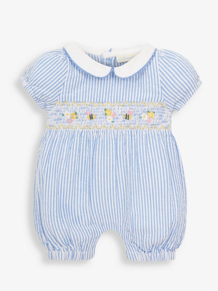 JoJo Maman Bébé Blue Embroidered Bee Baby Romper - Image 1 of 2