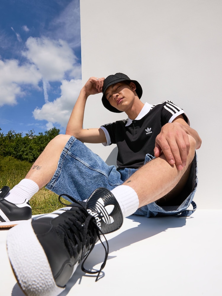 adidas originals Black orignal Adicolor Classics 3 Stripes 100% Cotton Polo Shirt - Image 1 of 6