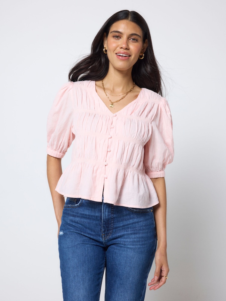 SCAMP & DUDE Pink Puff Sleeve Smocked Blouse - Image 1 of 4