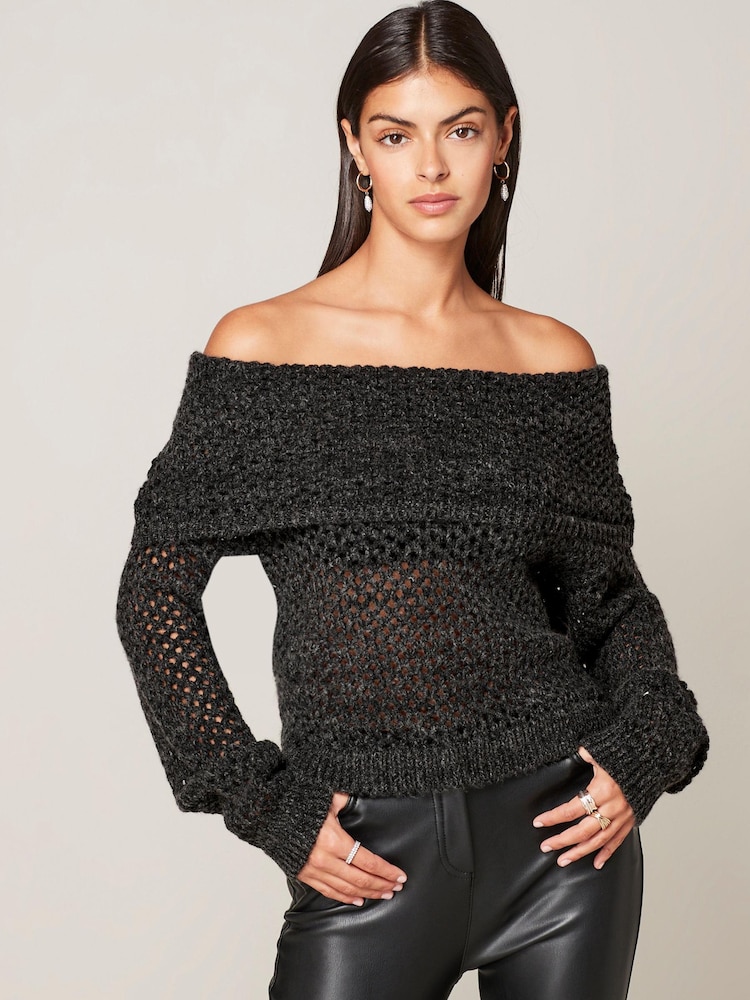 Charcoal Grey Open Stitch Mesh Bardot Long Sleeve Jumper - Image 1 of 6