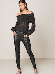 Charcoal Grey Open Stitch Mesh Bardot Long Sleeve Jumper - Image 2 of 6