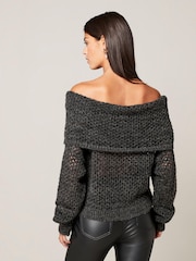 Charcoal Grey Open Stitch Mesh Bardot Long Sleeve Jumper - Image 3 of 6
