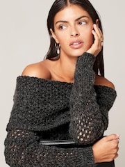 Charcoal Grey Open Stitch Mesh Bardot Long Sleeve Jumper - Image 4 of 6
