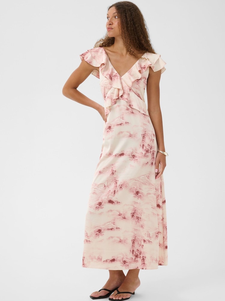 Kaffe Pink Kasadie V-Neck Frill Maxi Dress - Image 1 of 7 Kaffe Pink Kasadie V-Neck Frill Maxi Dress - Image 1 of 7
