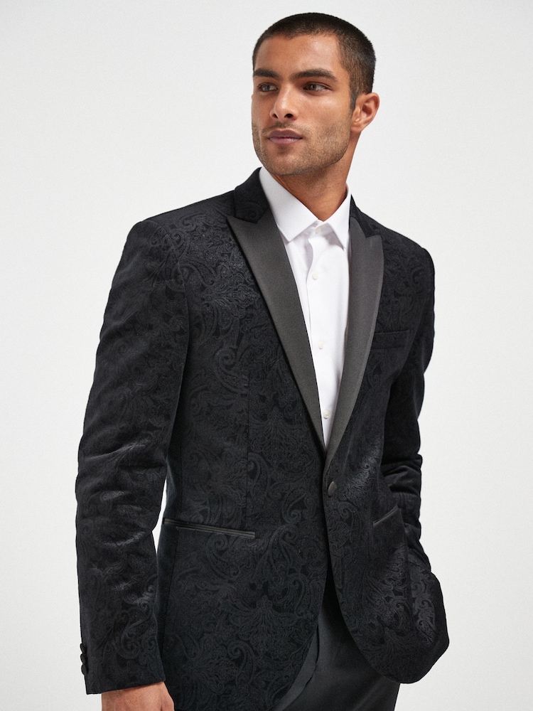Black Slim Printed Velvet Jacket - Image 1 of 6