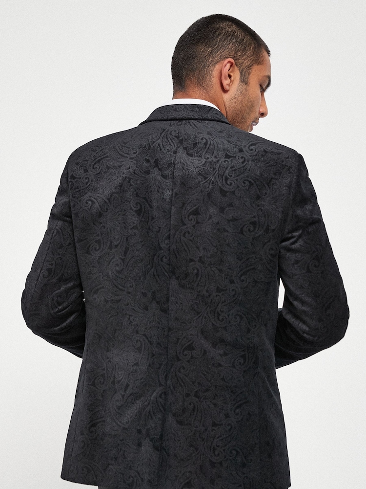Black Slim Printed Velvet Jacket - Image 2 of 6