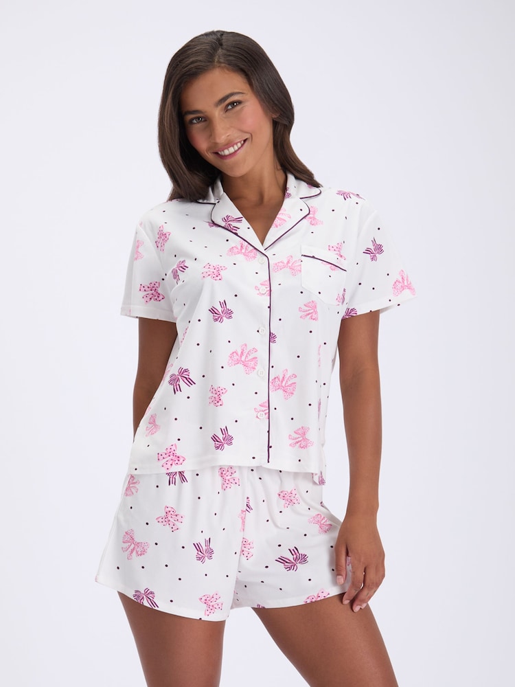 Boux Avenue White/Pink Bow Short Sleeve Fleece Pyjamas In A Bag - Image 1 of 6