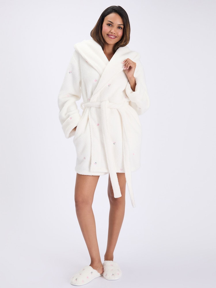 Boux Avenue White Borg Embroidered Short Dressing Gown - Image 2 of 6 Boux Avenue White Borg Embroidered Short Dressing Gown - Image 2 of 6