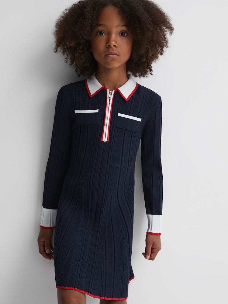 Reiss Navy Annie 4-9 yrs Ribbed Colourblock Mini Dress - Image 7 of 7