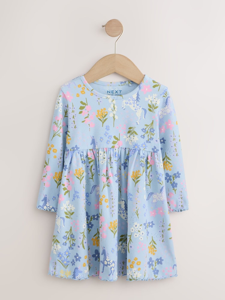 Blue Floral Unicorn Long Sleeve Ribbed Dress (3mths-7yrs) - Image 1 of 4 Blue Floral Unicorn Long Sleeve Ribbed Dress (3mths-7yrs) - Image 1 of 4