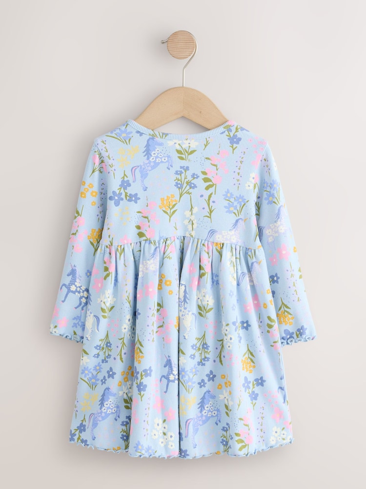 Blue Floral Unicorn Long Sleeve Ribbed Dress (3mths-7yrs) - Image 2 of 4 Blue Floral Unicorn Long Sleeve Ribbed Dress (3mths-7yrs) - Image 2 of 4